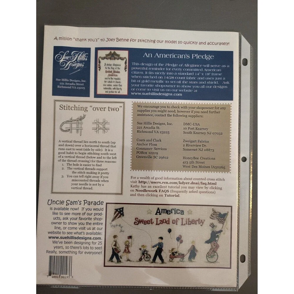 Sue Hillis Designs Life and Liberty Cross Stitch Pattern L193 Patriotic Sampler